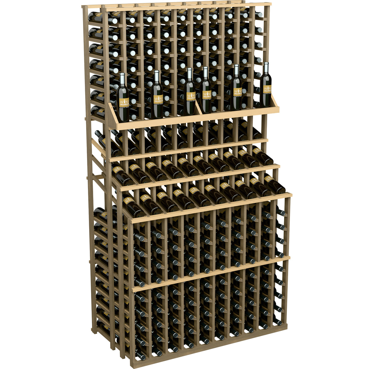 Triple-tier wine bottle display with light wood frame and packed bottle slots