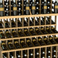 Wine bottle display rack detail with light wood slats holding bottles on three tiers