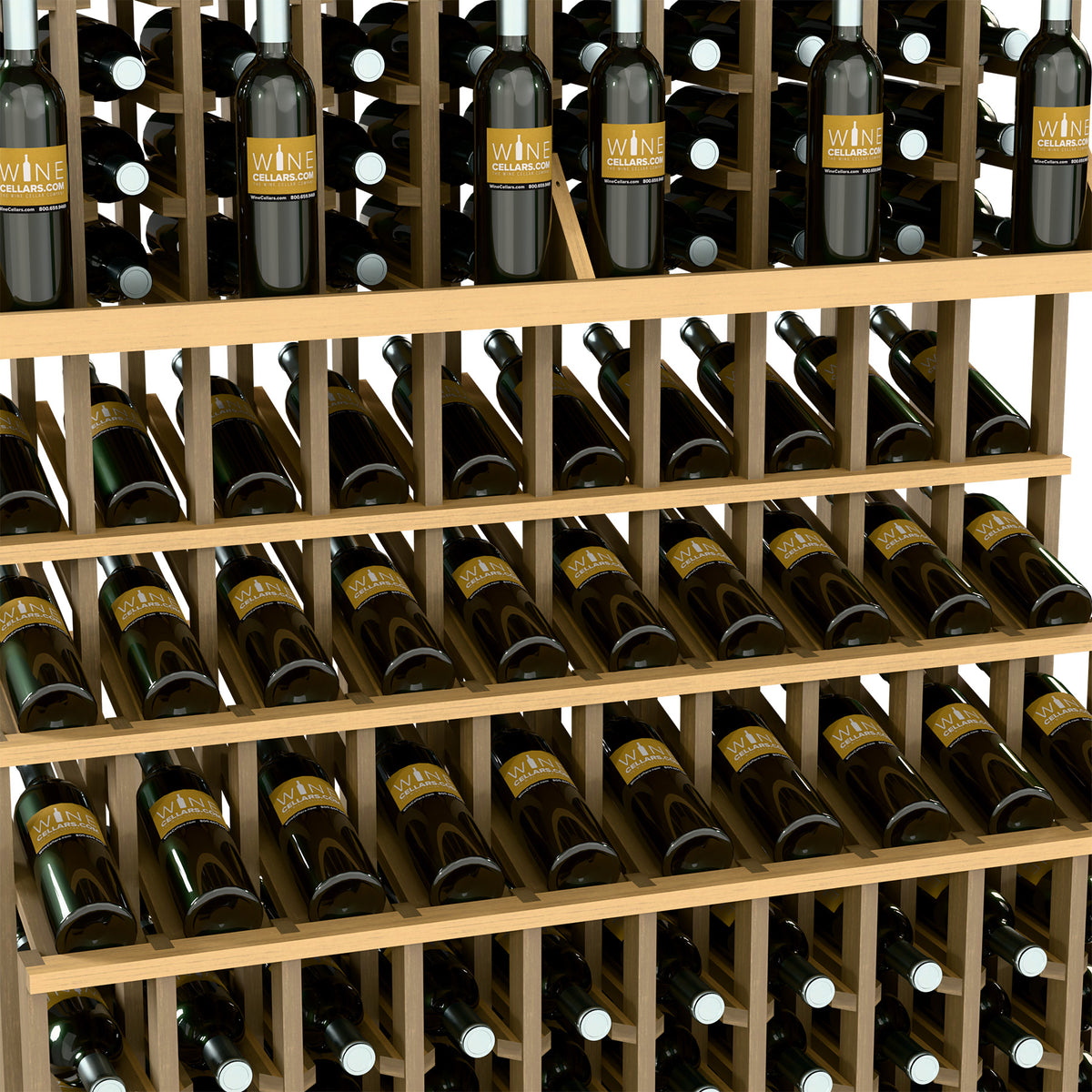 Wine bottle display rack detail with light wood slats holding bottles on three tiers