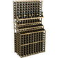Triple-tier wine bottle display rack with light wood frame and bottles stored in vertical cells