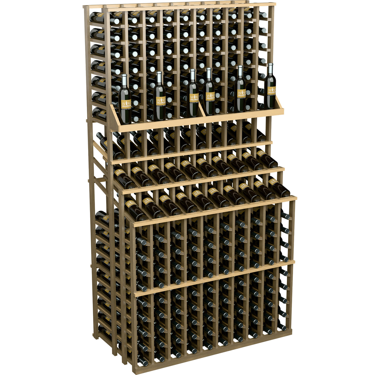 Triple-tier wine bottle display rack with light wood frame and bottles stored in vertical cells