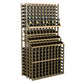 Triple-tier wooden wine bottle display rack with front grid and open bottle slots