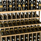 Close-up of triple-tier wine bottle rack with wooden shelves and bottle rows