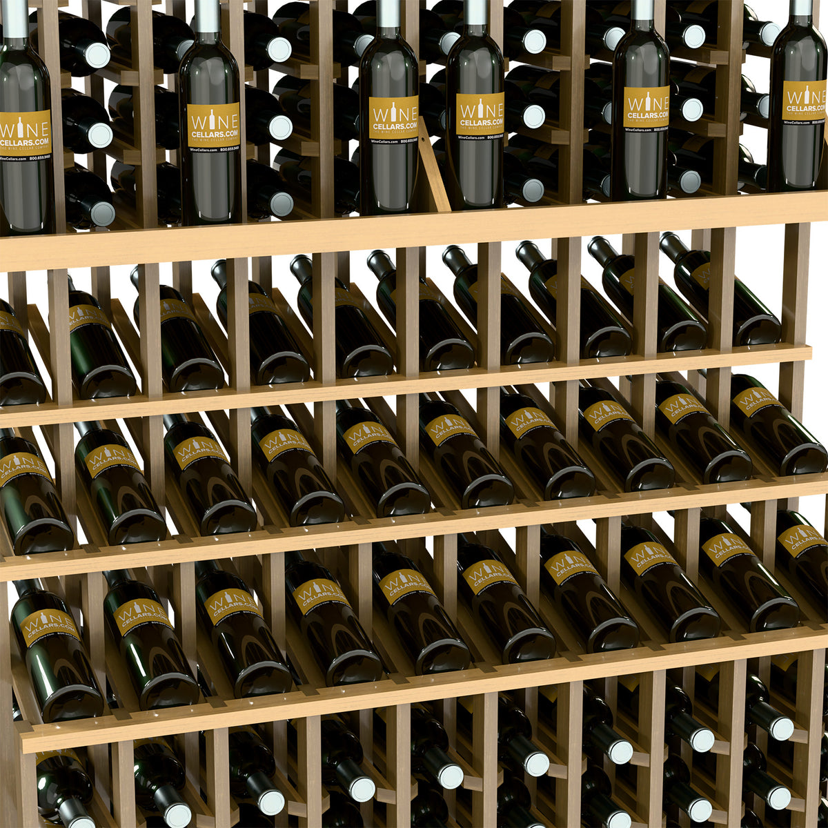 Close-up of triple-tier wine bottle rack with wooden shelves and bottle rows