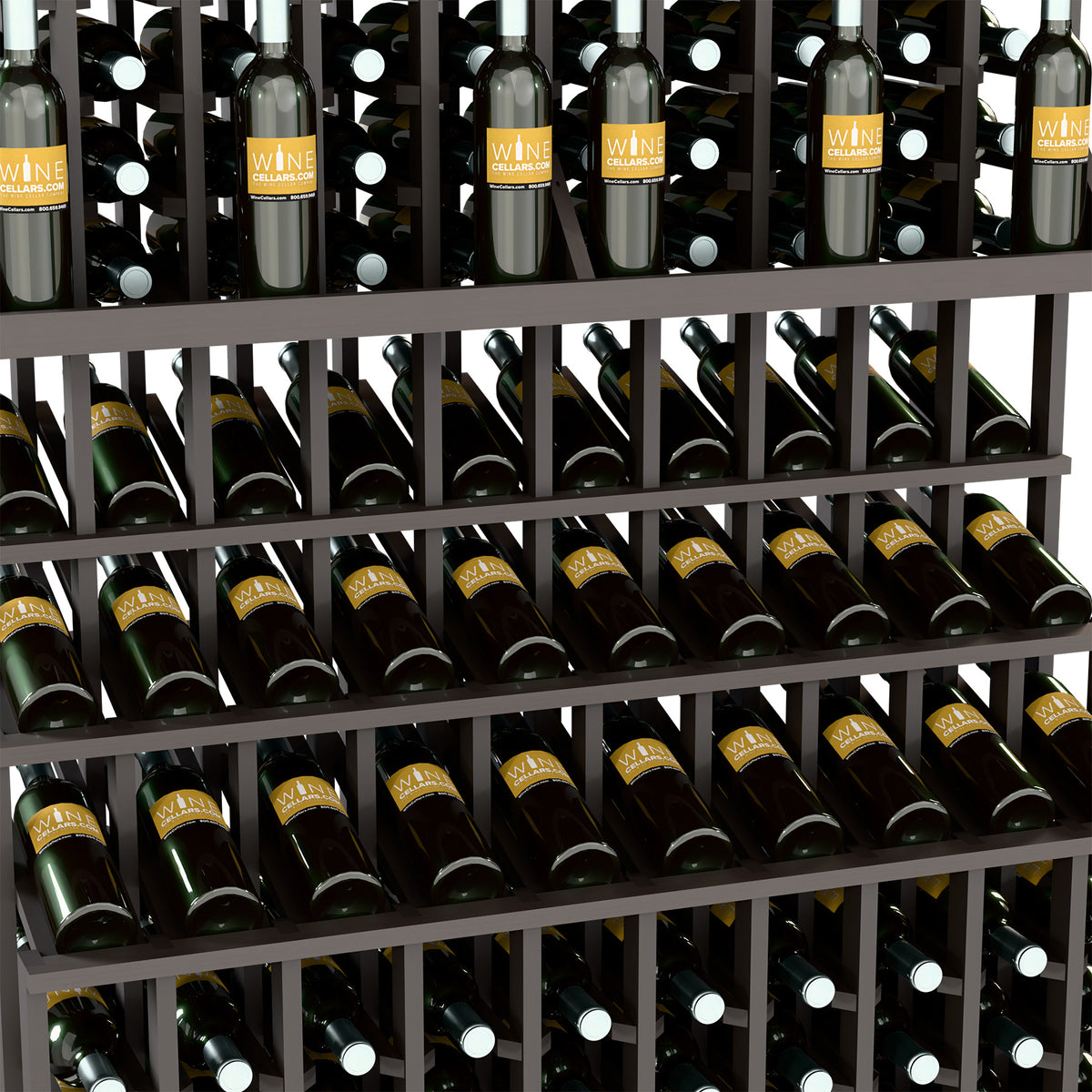 Wine bottle display rack detail with dark slats holding bottles on three tiers