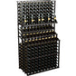 Black triple-tier wine bottle display rack with open slots and front bottle cradles