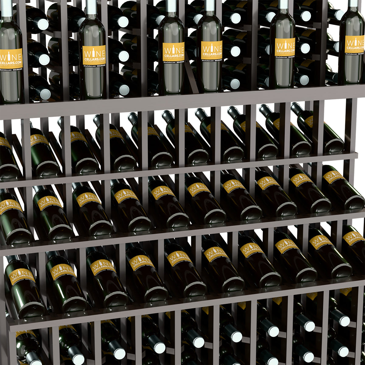 Close-up of wine bottles in a triple-tier wooden display rack with slotted shelves