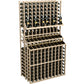 Pale gray triple-tier wine bottle display rack with double-deep base, filled with bottles