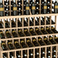 Wine bottle display rack detail with light wood framework and bottles on three tiers