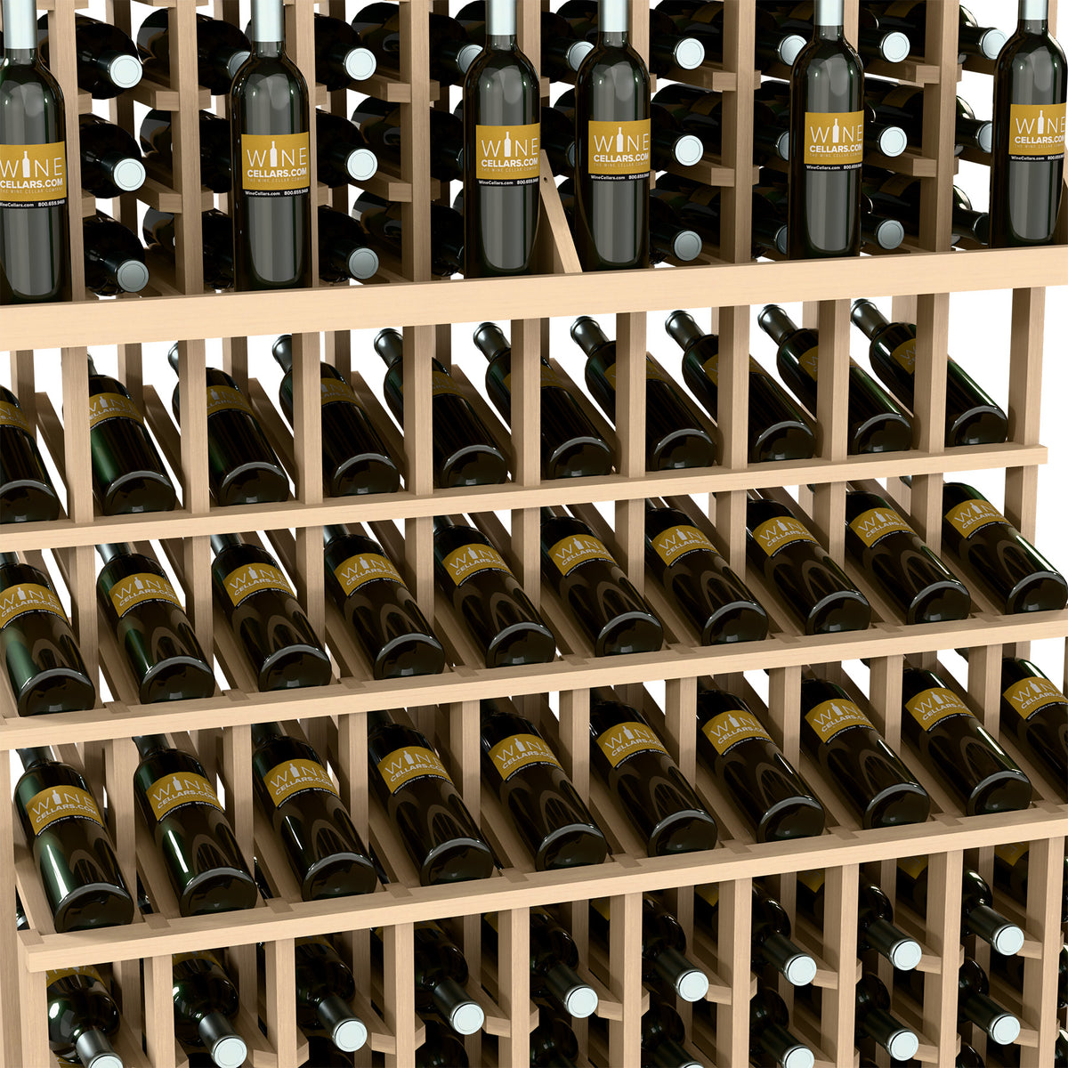 Wine bottle display rack detail with light wood framework and bottles on three tiers