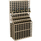 Light wood triple-tier wine bottle display rack with front grid and organized bottle storage