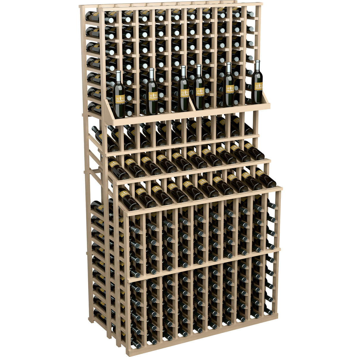 Light wood triple-tier wine bottle display rack with front grid and organized bottle storage