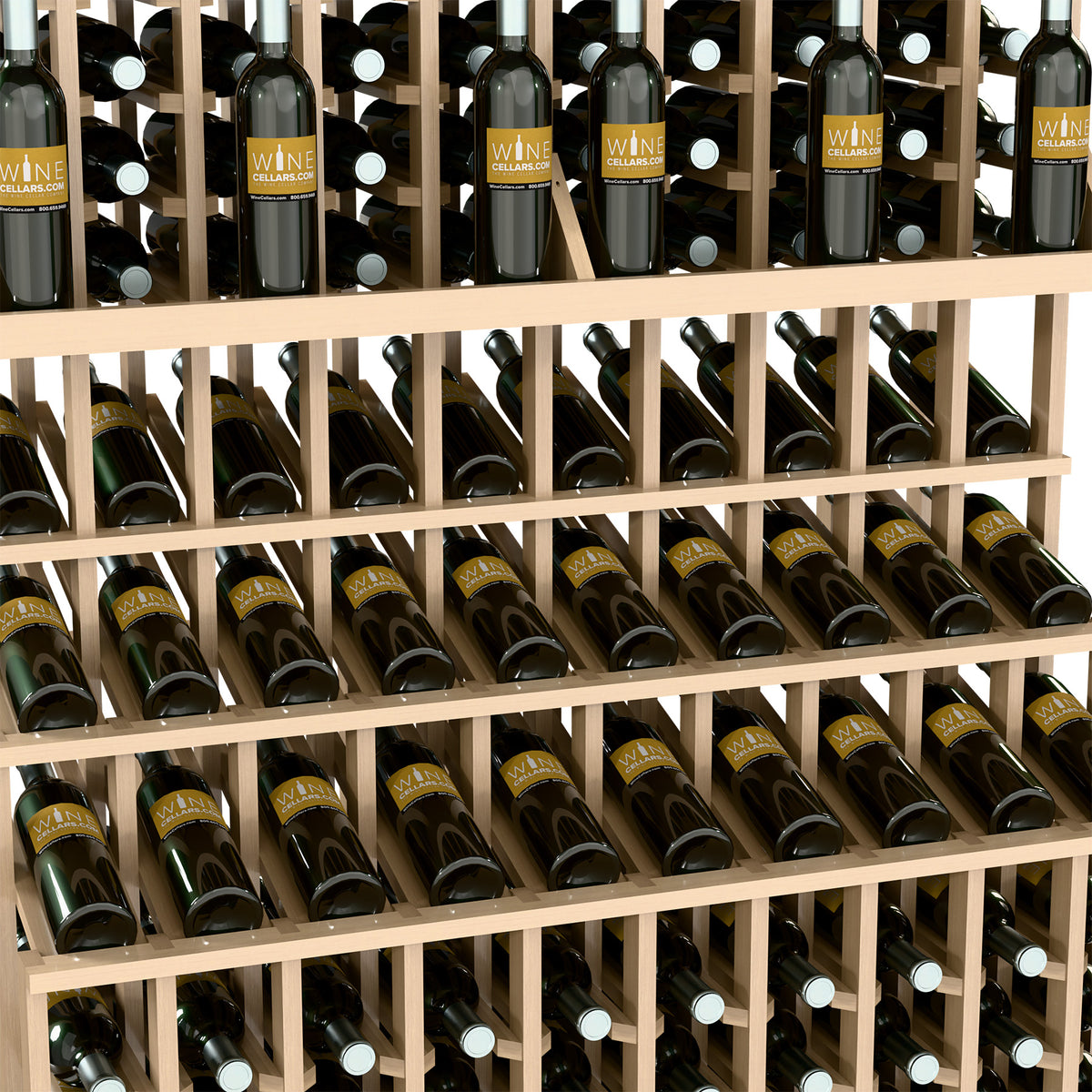 Close-up view of triple-tier wine rack showing bottle necks in wooden slots