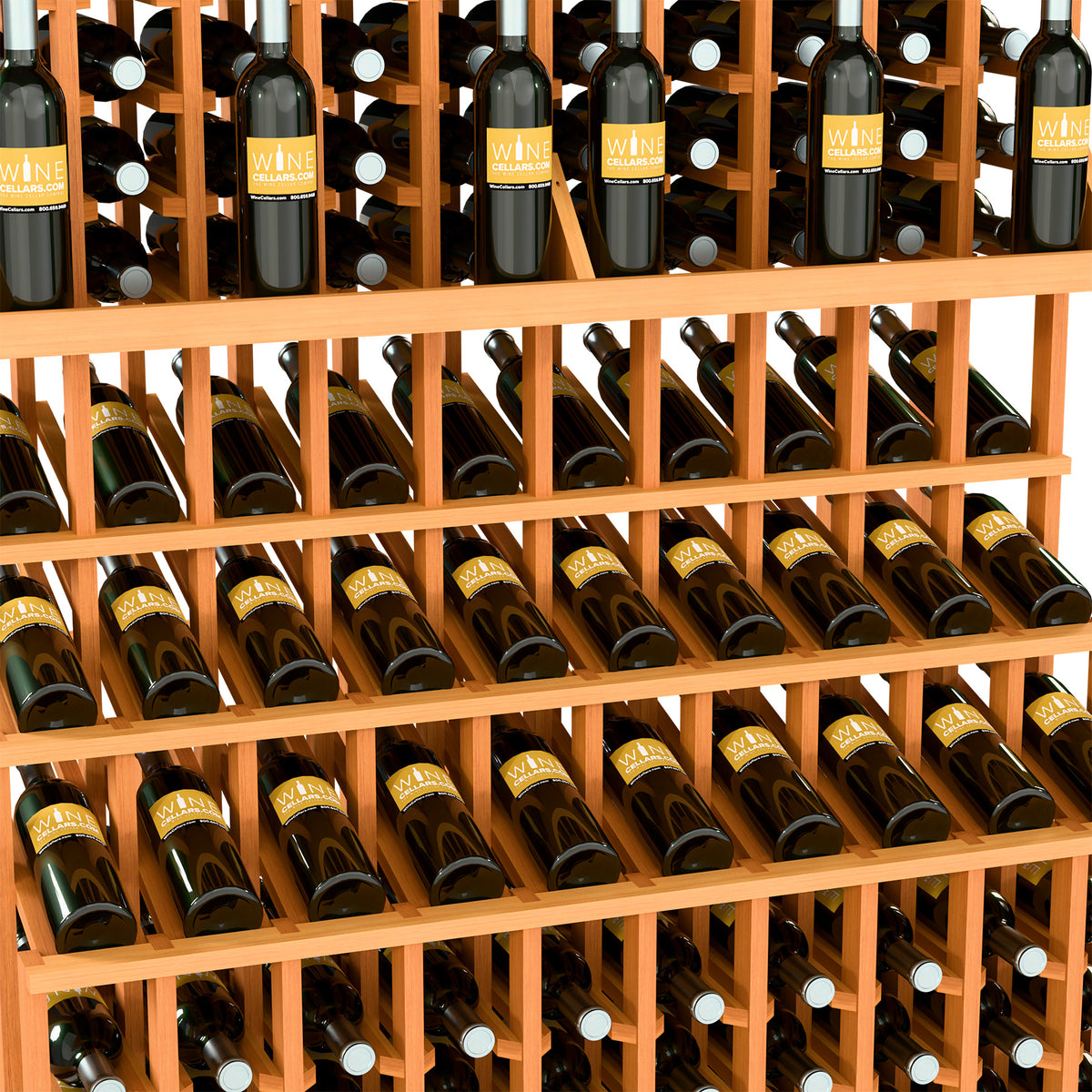 Light wood triple-tier wine bottle display rack with double-deep base, filled with dark/amber bottles