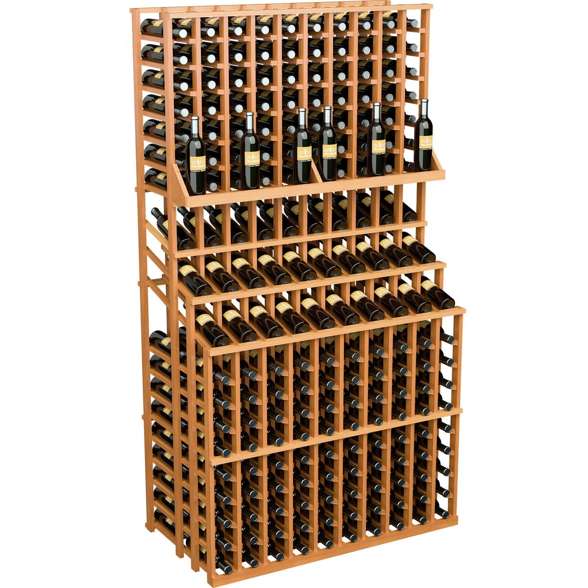 Warm-toned wood triple-tier wine bottle display rack with front grid and bottle rows
