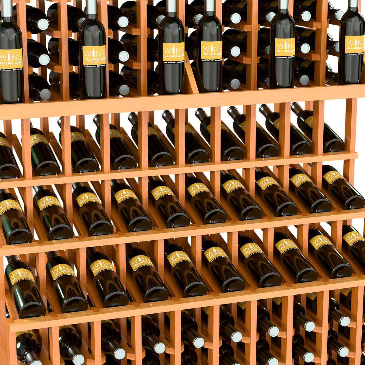 Triple-tier wine bottle display rack with natural wood lattice and bottle neck holders