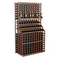 Dark brown triple-tier wine bottle display rack with double-deep base, filled with bottles