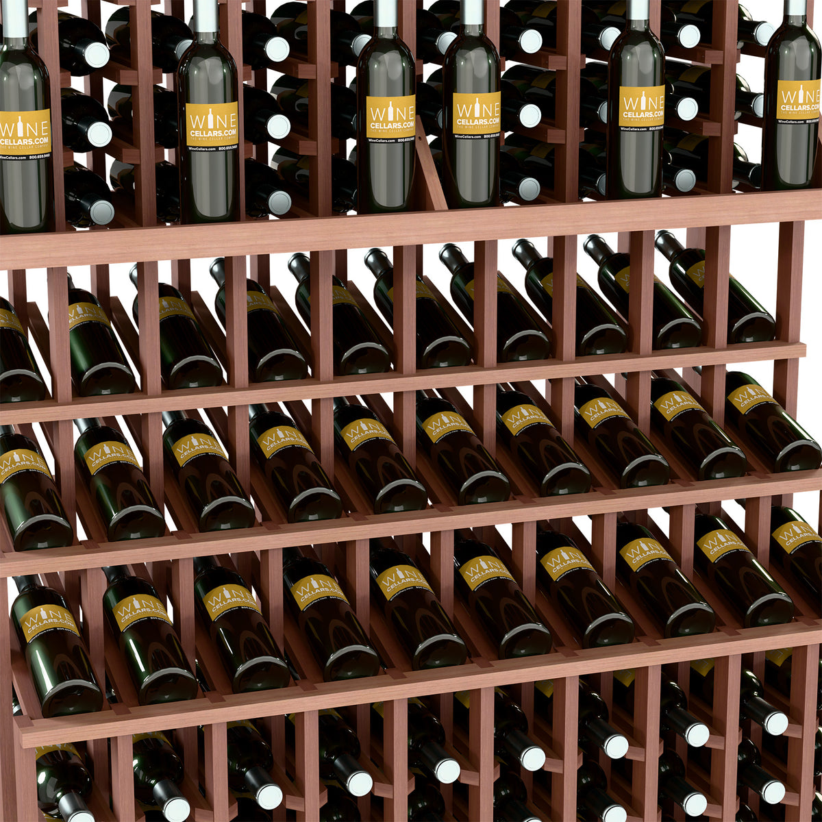 Wine bottle display rack detail with reddish-brown slats holding bottles on three tiers