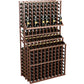 Triple-tier wine bottle display rack with dark wood lattice and stacked bottle storage