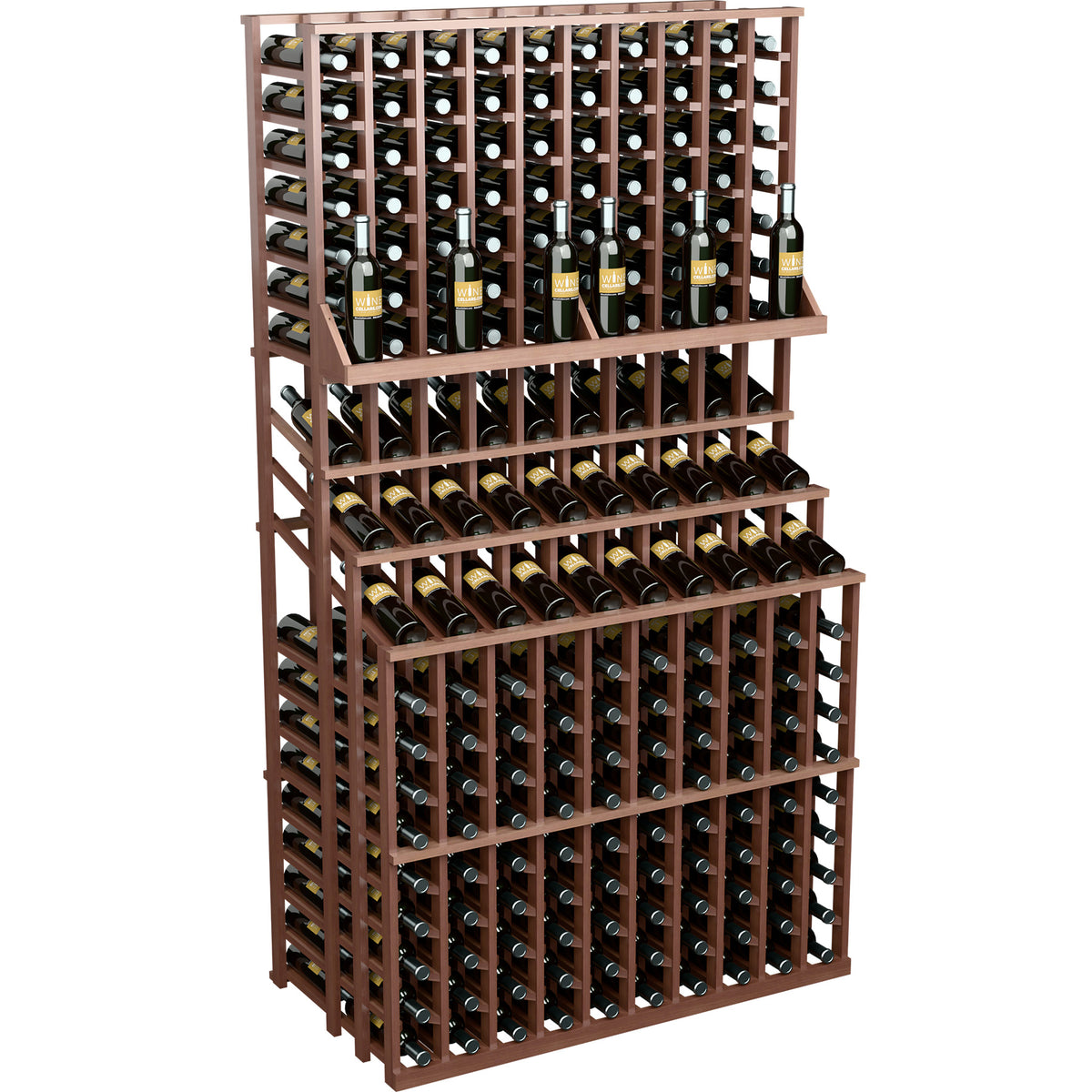 Triple-tier wine bottle display rack with dark wood lattice and stacked bottle storage