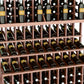 Triple-tier wine bottle display rack with natural wood slats and bottle neck slots