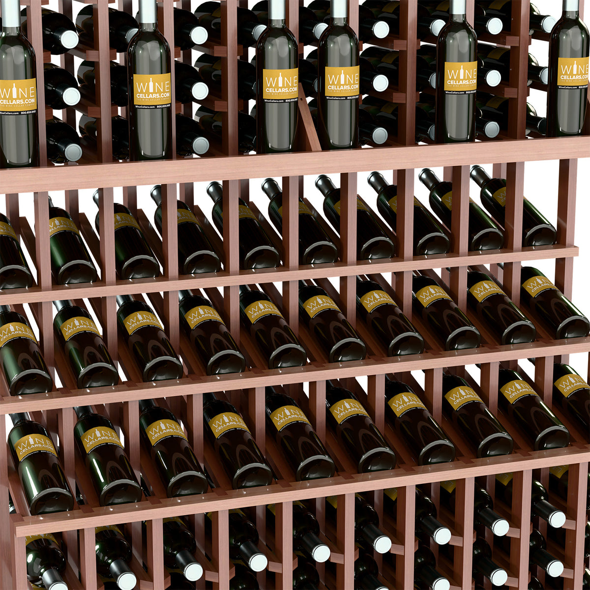 Triple-tier wine bottle display rack with natural wood slats and bottle neck slots