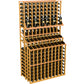 Natural wood wine bottle display rack with triple tiers and double-deep bottom section
