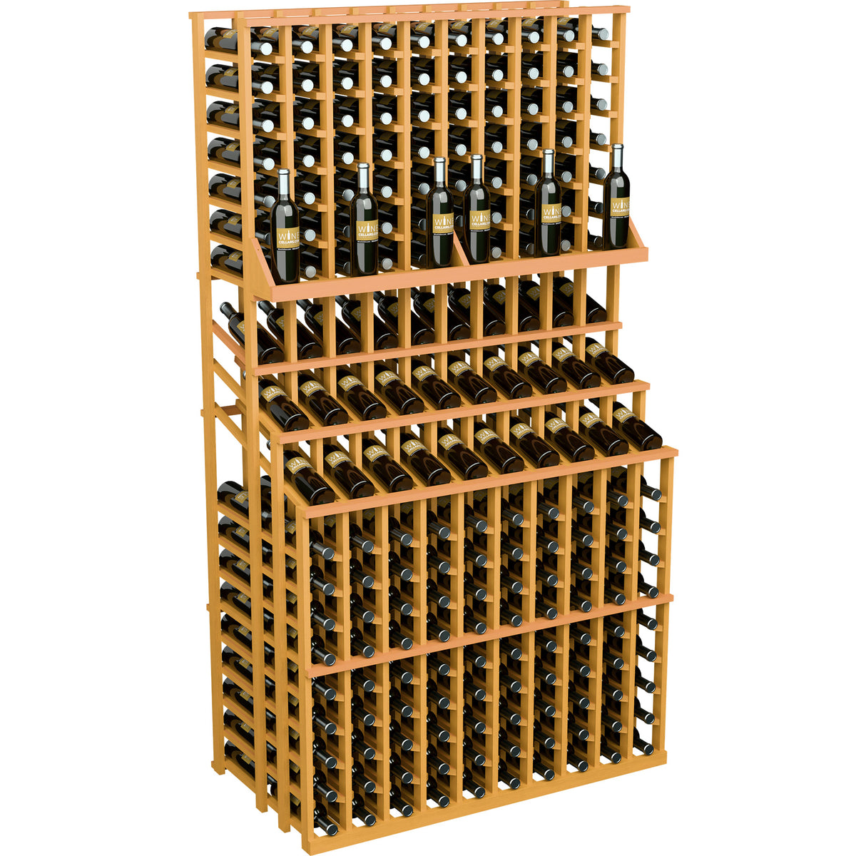 Natural wood wine bottle display rack with triple tiers and double-deep bottom section