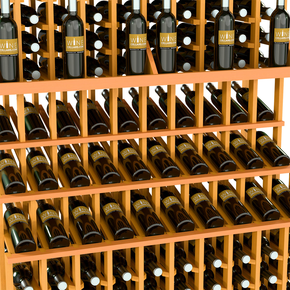 Wine bottle display rack detail with light amber slats holding bottles on three tiers