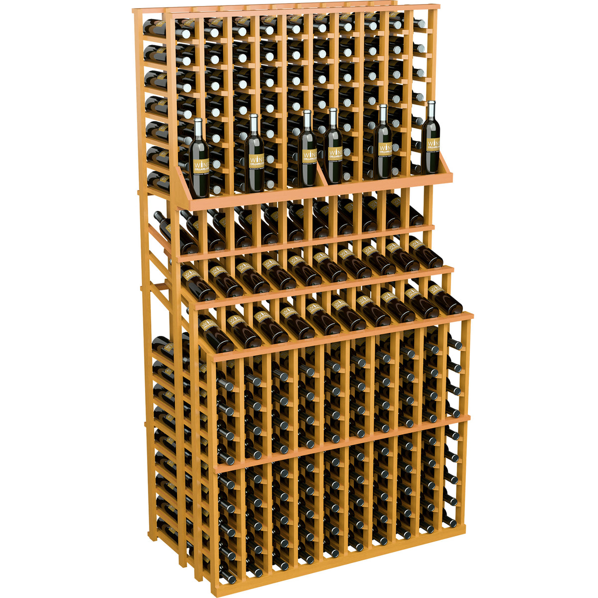 Triple-tier wine bottle display rack with amber wood lattice and bottle neck storage