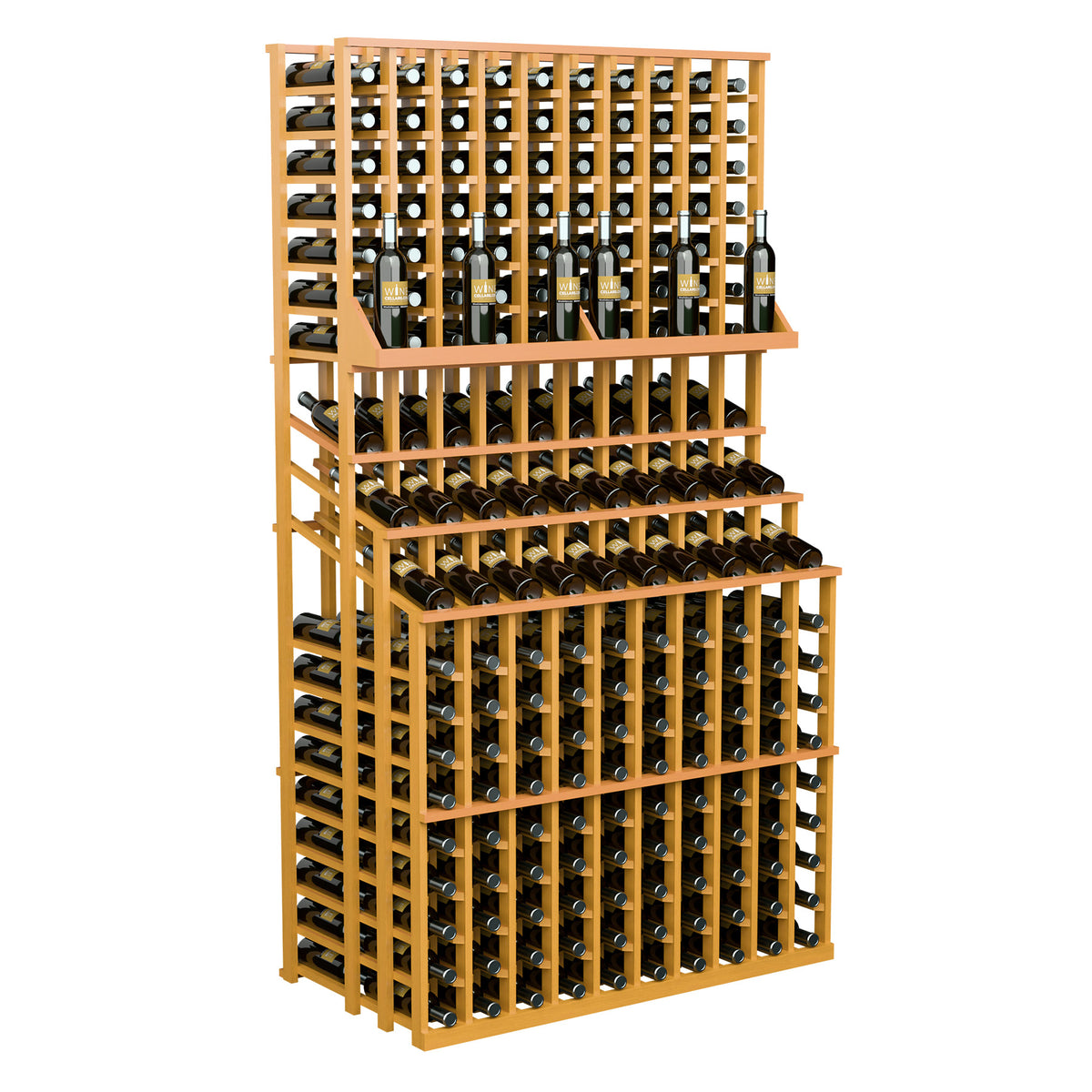 Triple-tier wine bottle display rack with amber wood frame and stacked bottle compartments