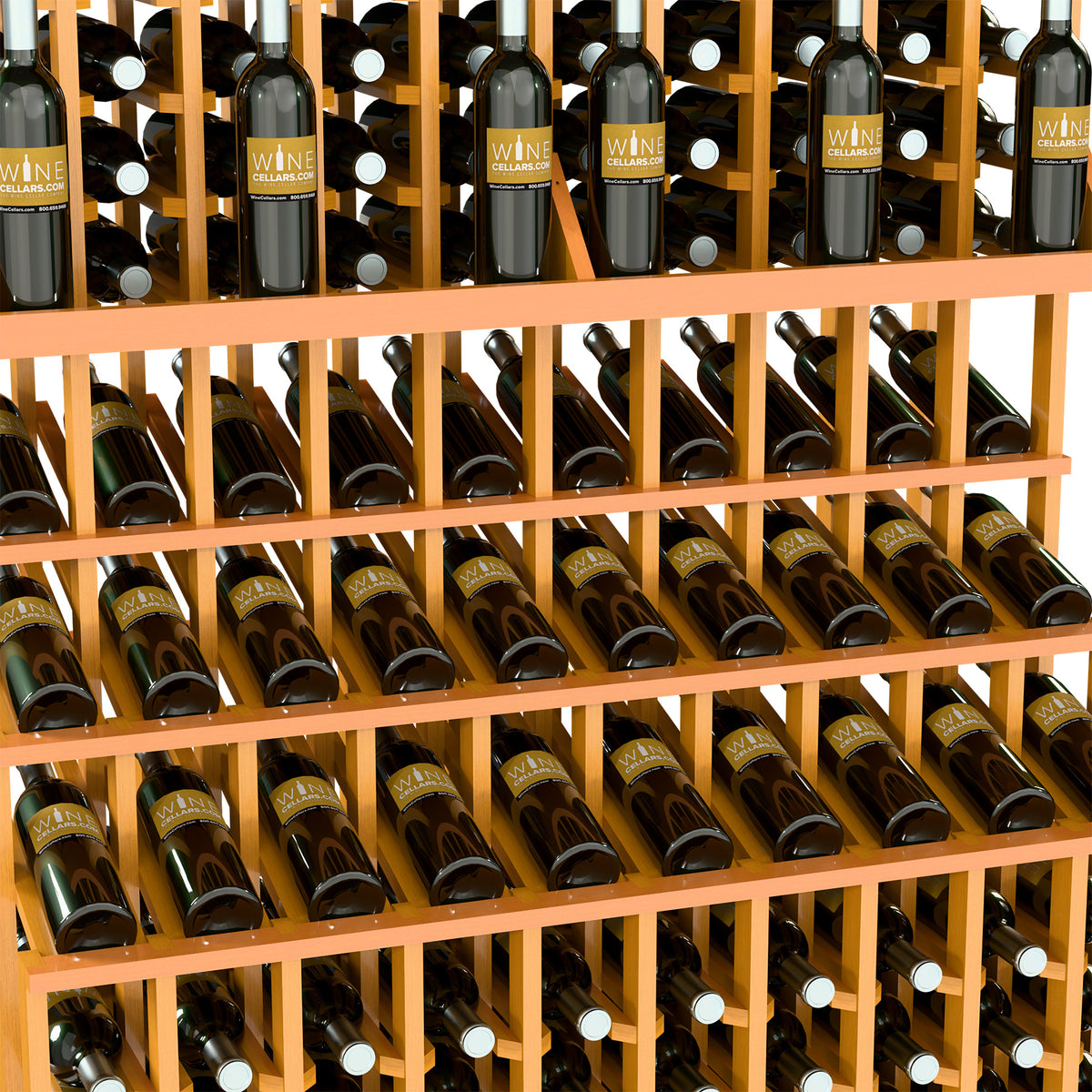 Triple-tier wine bottle display rack with natural wood slats and rows of bottle openings