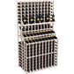 White wood wine bottle display rack with triple tiers and double-deep bottom section