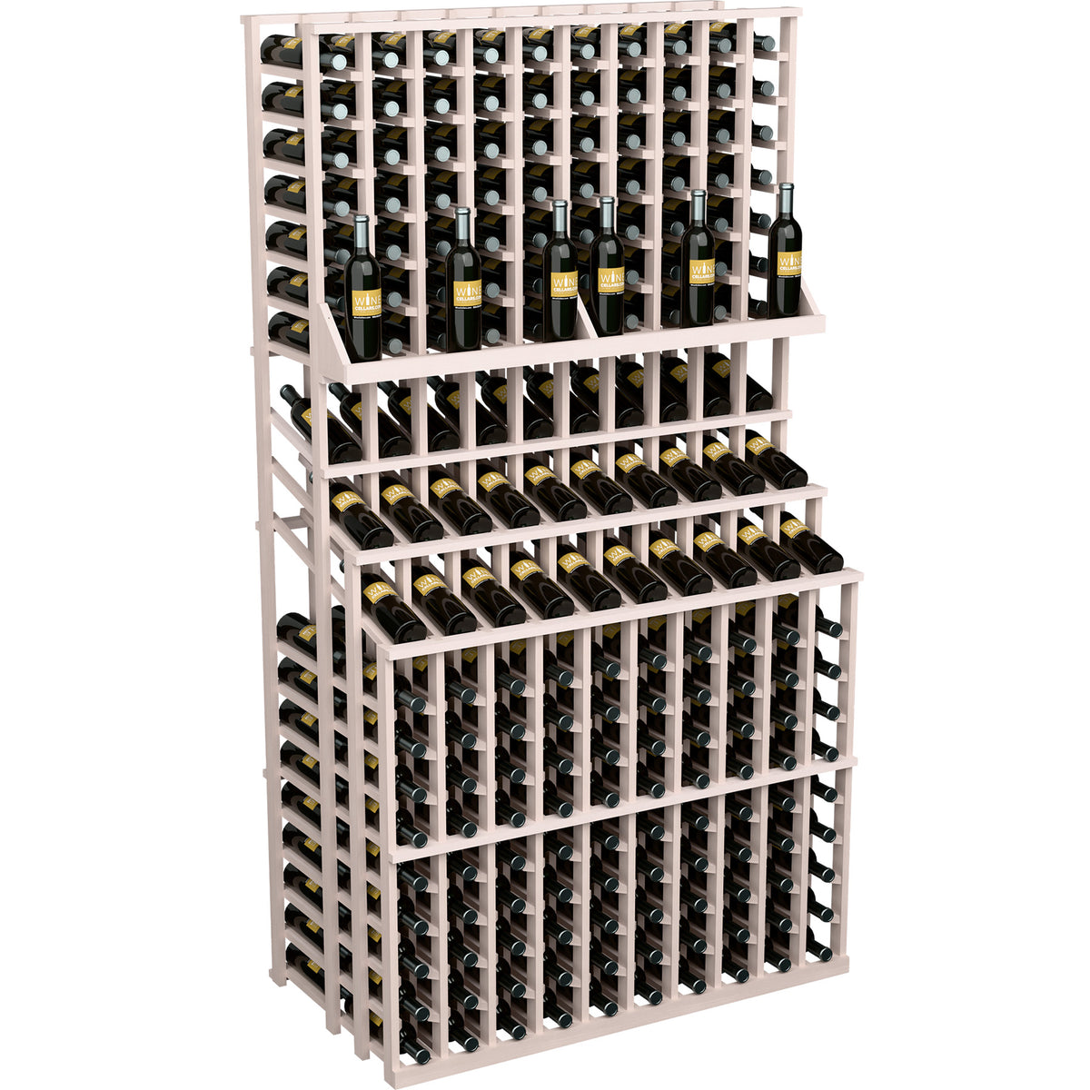 White wood wine bottle display rack with triple tiers and double-deep bottom section