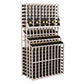 White triple-tier wine bottle display rack with double-deep base, filled with bottles