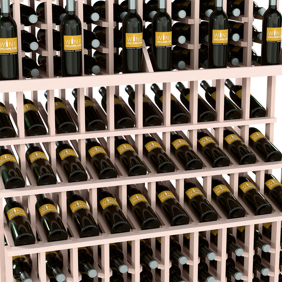 Wine bottle display rack detail with pale wood slats holding bottles on three tiers