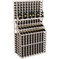 Triple-tier wine bottle display rack with whitewashed wood lattice and bottle neck holders