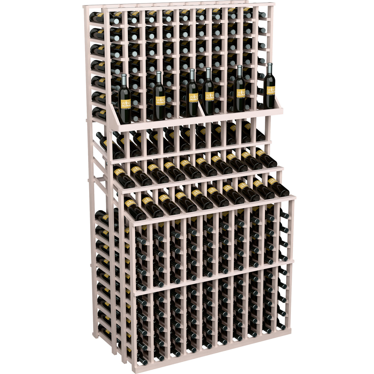 Triple-tier wine bottle display rack with whitewashed wood lattice and bottle neck holders