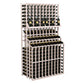 Triple-tier wine bottle display rack with whitewashed wood frame and stacked bottle storage