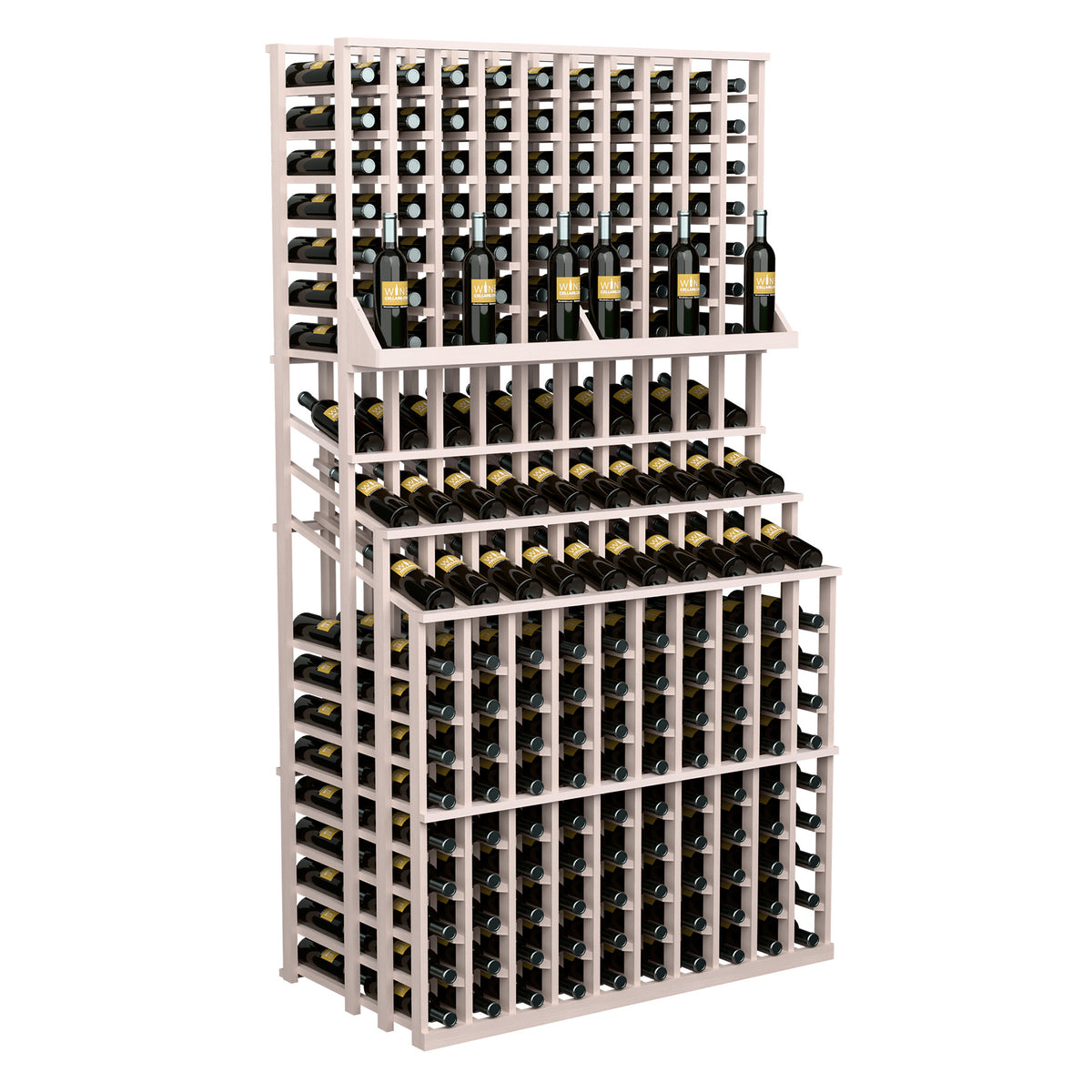 Triple-tier wine bottle display rack with whitewashed wood frame and stacked bottle storage