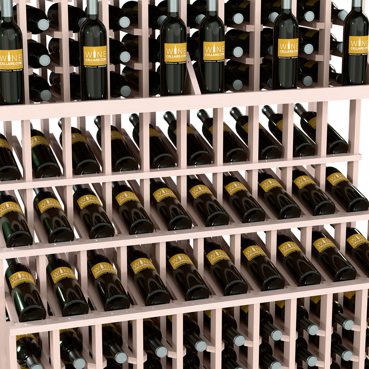 Triple-tier wine bottle display rack with whitewashed wood slats and bottle neck slots