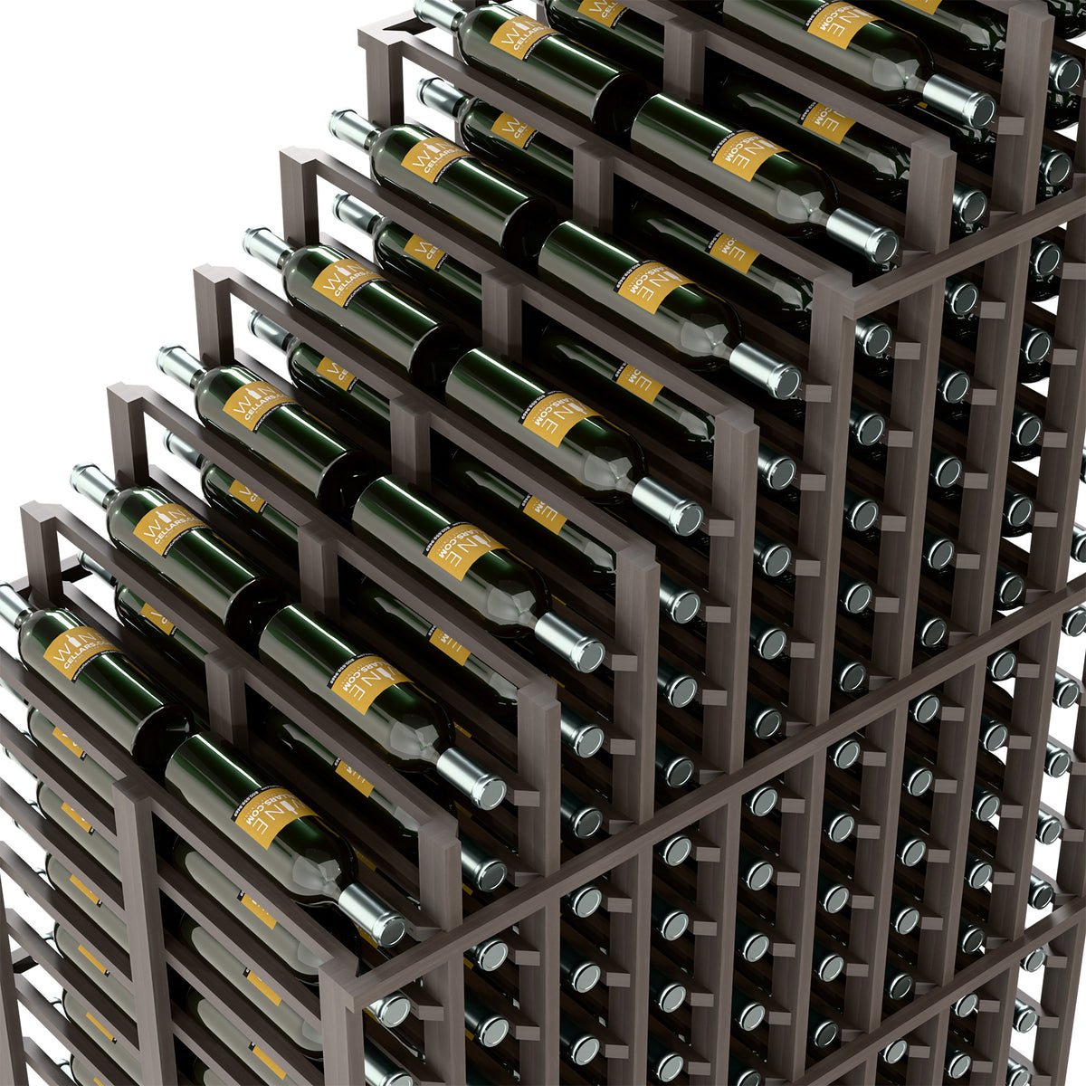 Close-up of gray wine rack showing stacked bottle holders with chrome caps