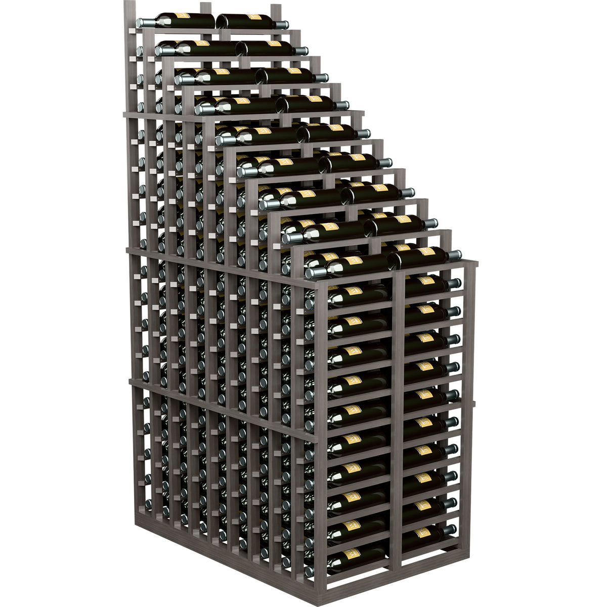 Gray double-deep wine rack with cascading rows of wine bottles in slots