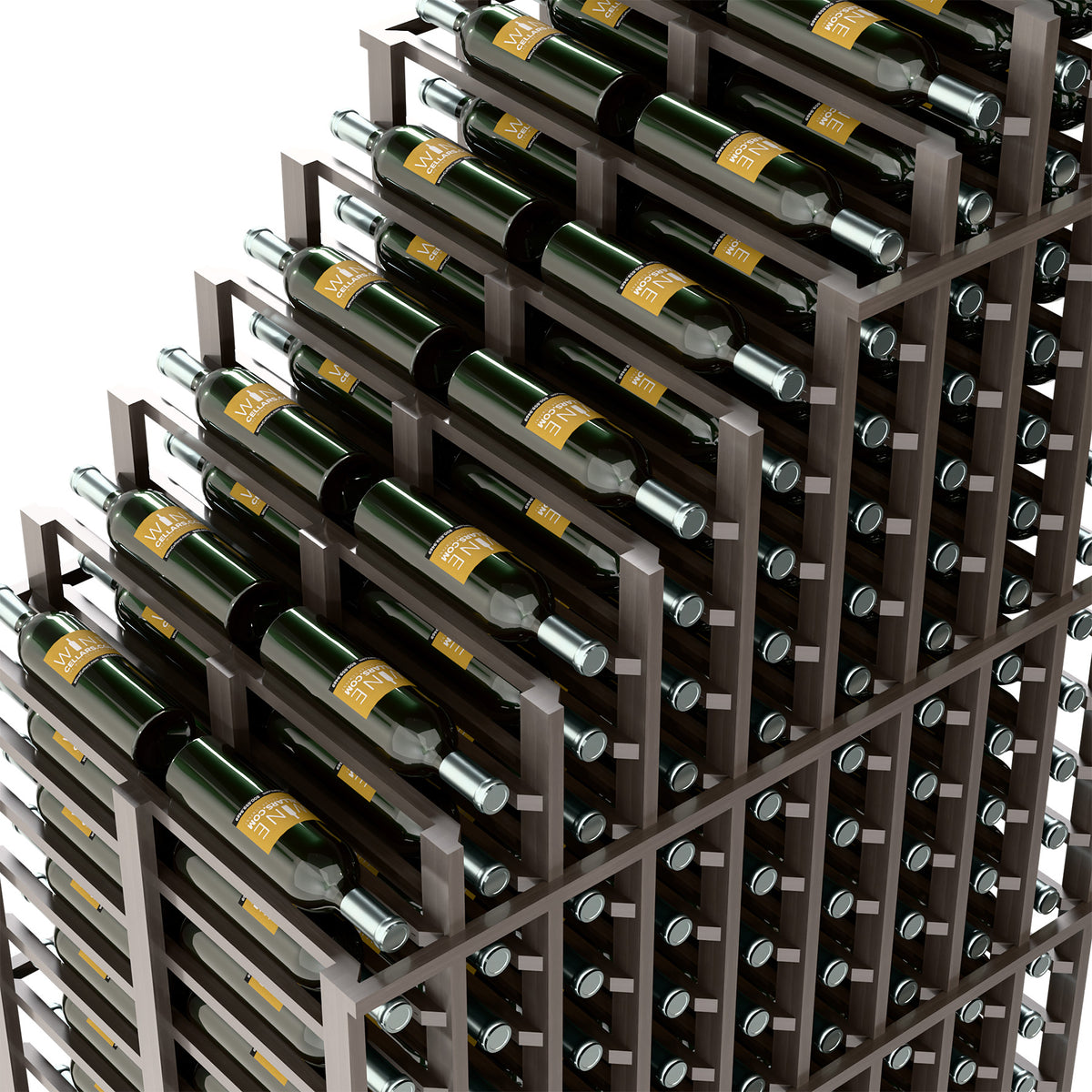 Angled view of gray wine rack with multiple bottle bays and metal support rails