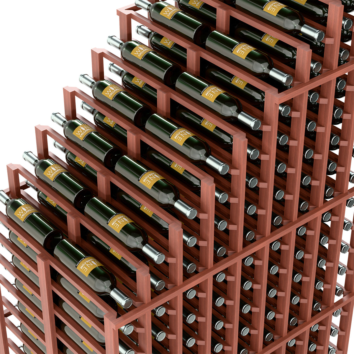Close-up of red-brown wine rack with stacked bottle holders and silver rims