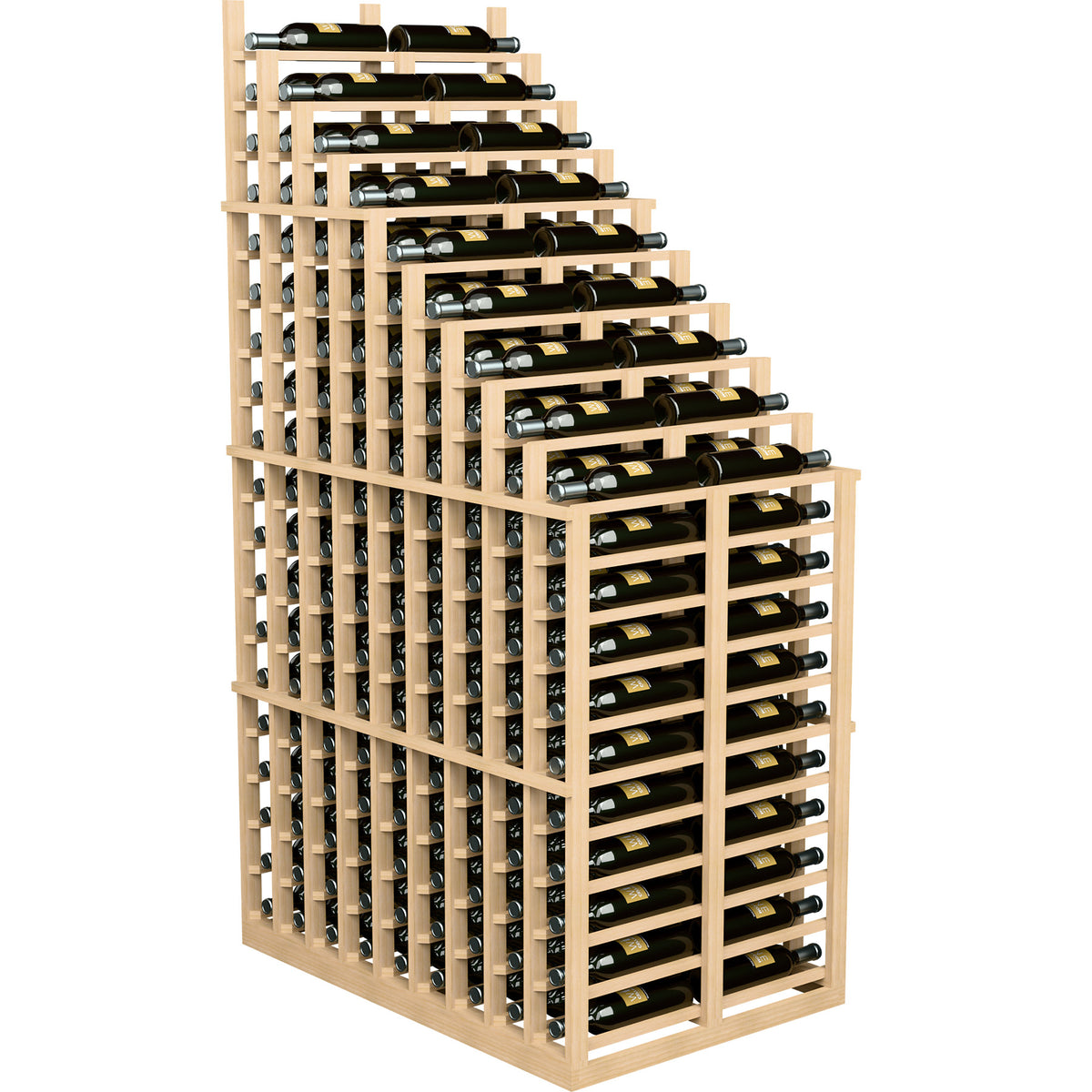 Light wood double-deep wine rack with cascading bottle slots and chrome supports
