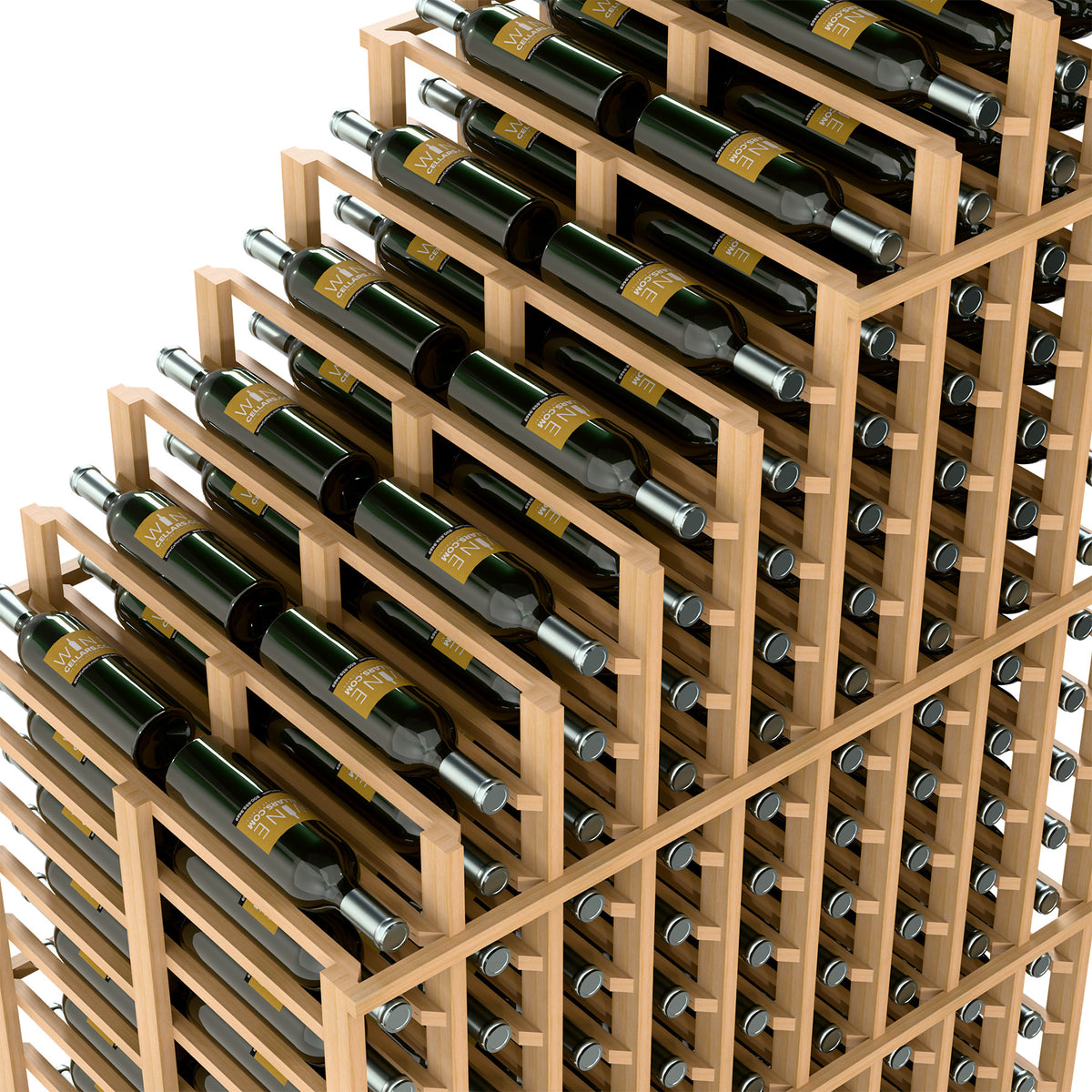 Close-up of light wood wine rack with stacked bottle holders and metal end caps