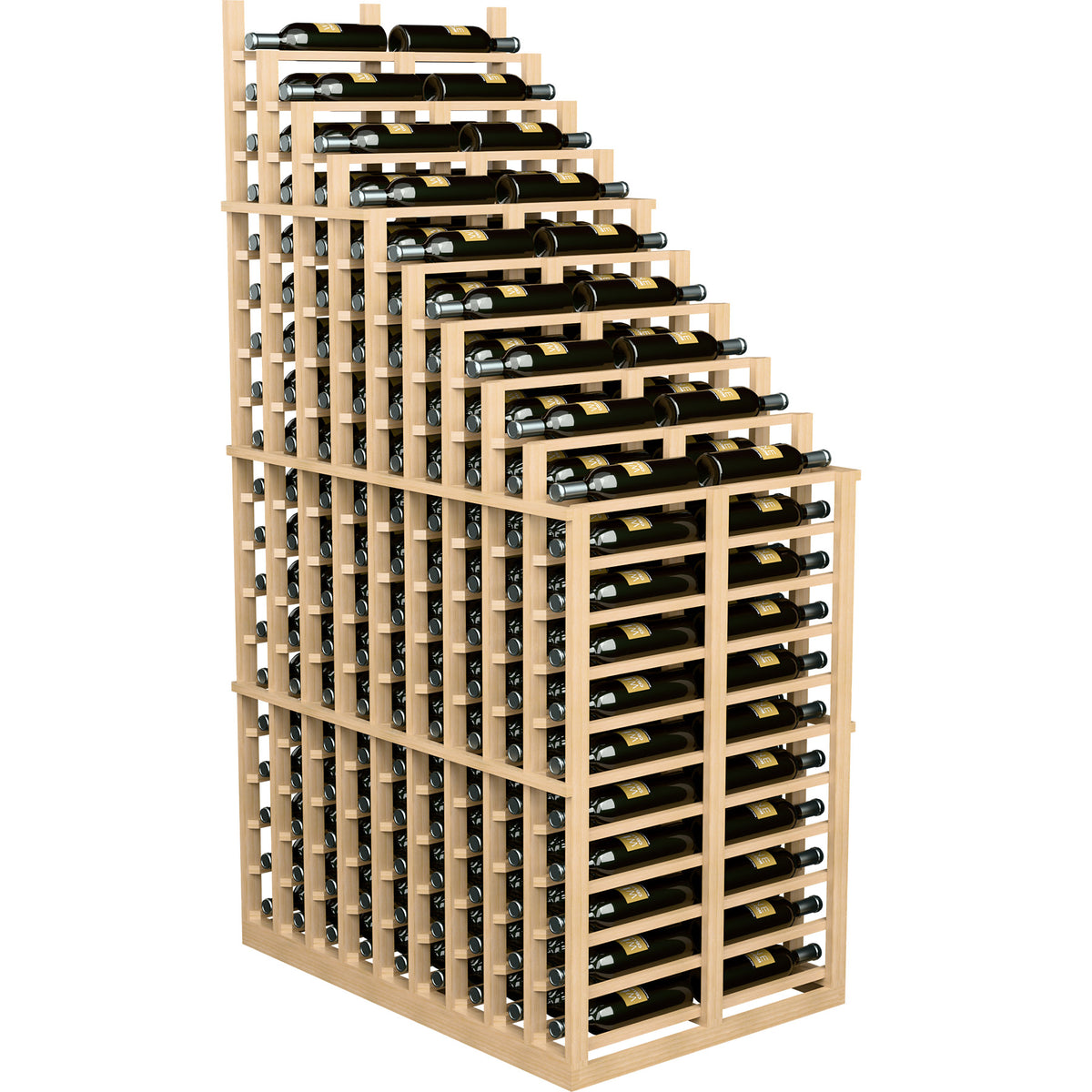 Light wood cascading double wine bottle rack with multiple front rows and crisscross supports