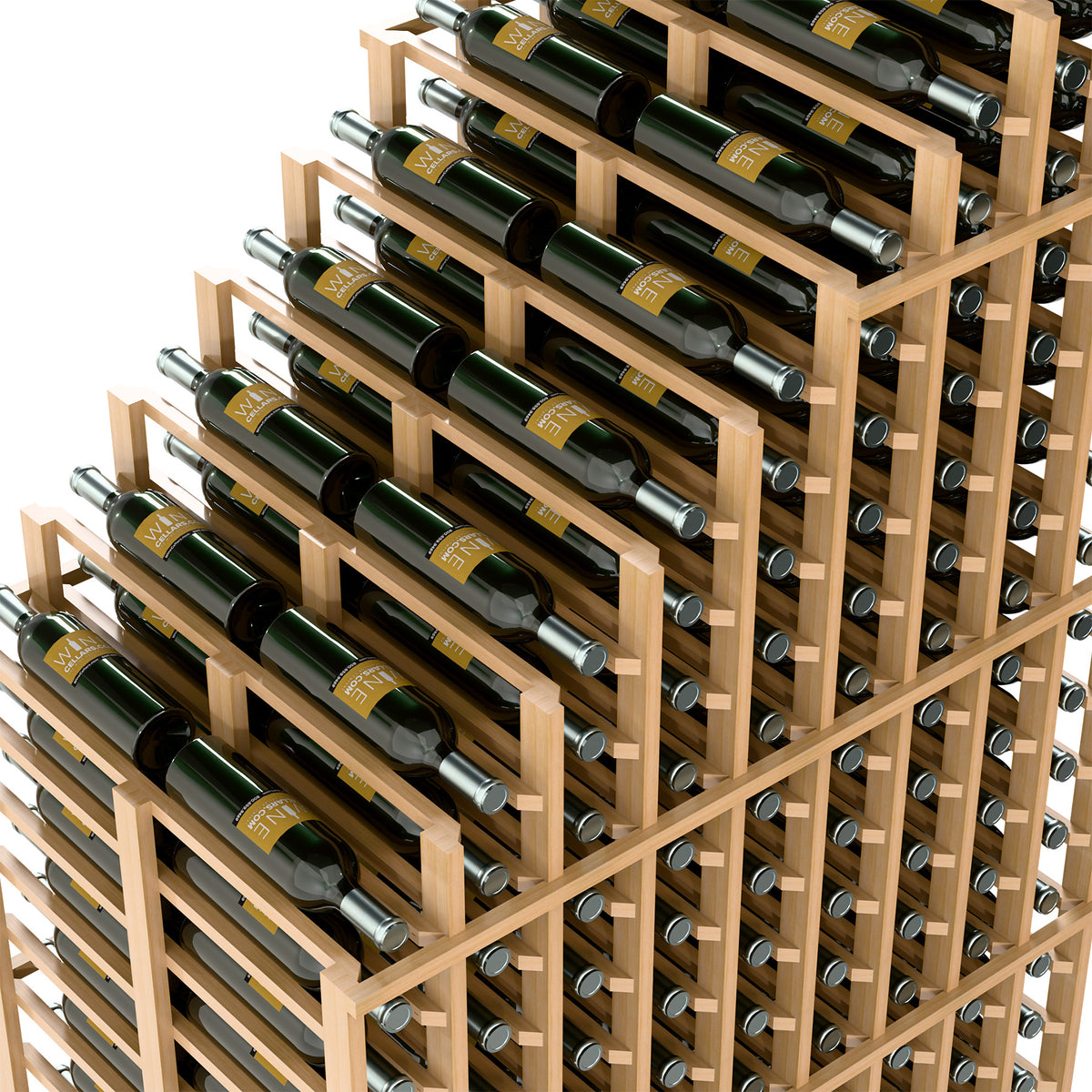 Light wood double wine rack detail with bottle slots and round metal bottle rests