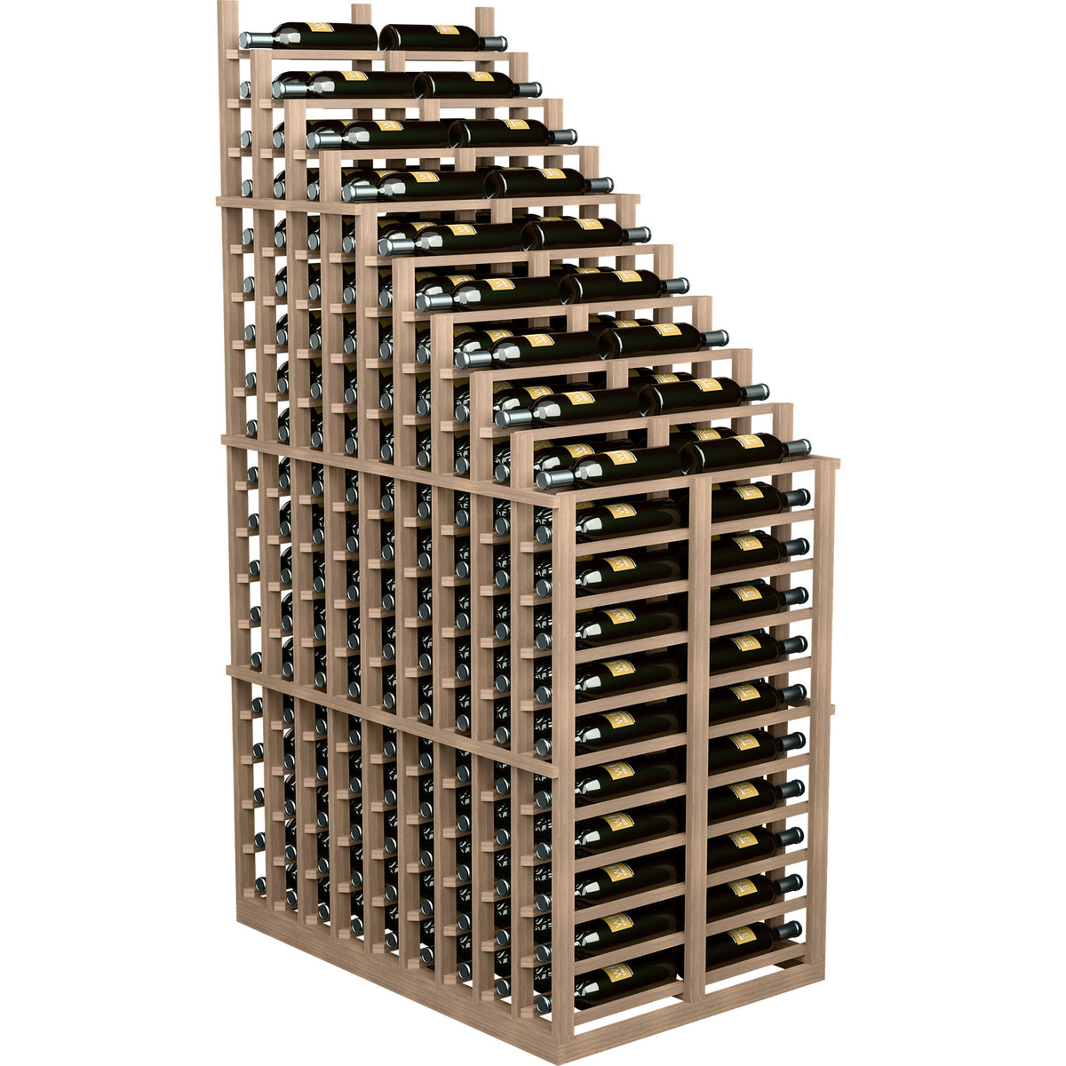 Light wood cascading double wine bottle rack with open front and stacked horizontal tiers